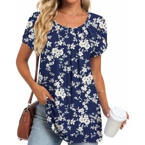 Women Medium Tunic Casual Short Sleeve Blouse Tshirt Round Neck Tops floral